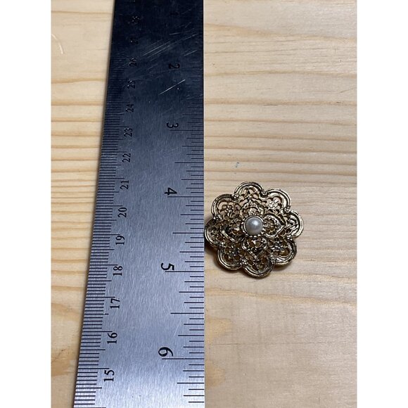 Vintage Gold-Tone Filigree Flower Pin Brooch With Faux Pearl Center - Picture 3 of 3